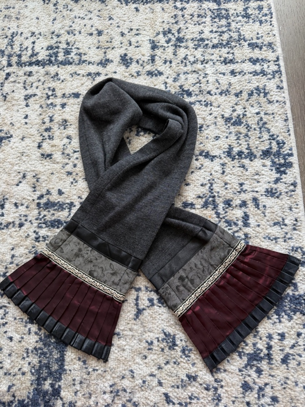 Vintage Charcoal Cashmere Gray Scarf with Burgundy Pleated Trim